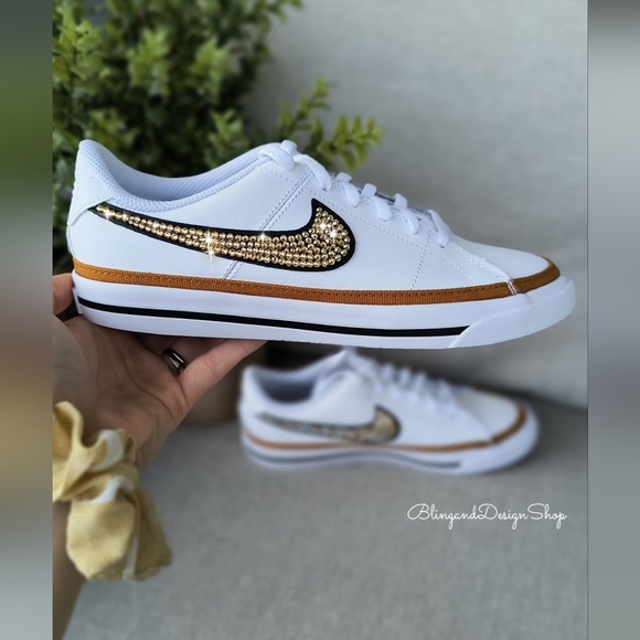 Women's Bling Nike Court Legacy White Sneakers made with Crystals Custom - Picture 1 of 10